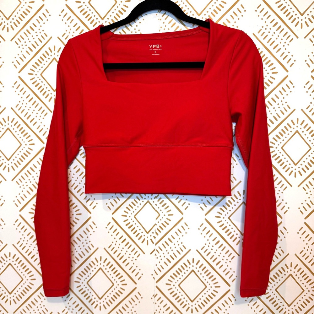 YPB Long Sleeve Crop Top Size M Red Athletic Workout Activewear Stretch Gym